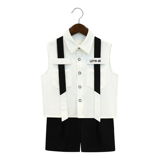 Boys British Sleeveless Shirt Shorts Formal Dress Kids Summer Solid Color Blazer Clothes Sets Children Tuxedo Toddler Costumes