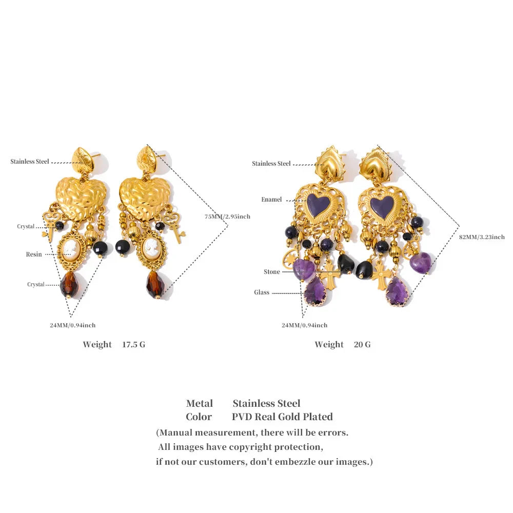 Vintage Stainless Steel Heart Cross Key Charm Pendant Drop Earrings Golden Plated Crystal Resin Stone Waterproof Jewelry