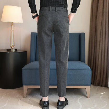 Autumn Winter Men's Slim Fit Suit Pants With Belt Solid Color Smart Casual Youthful Vitality Suit Trousers Men Korean Style Pant