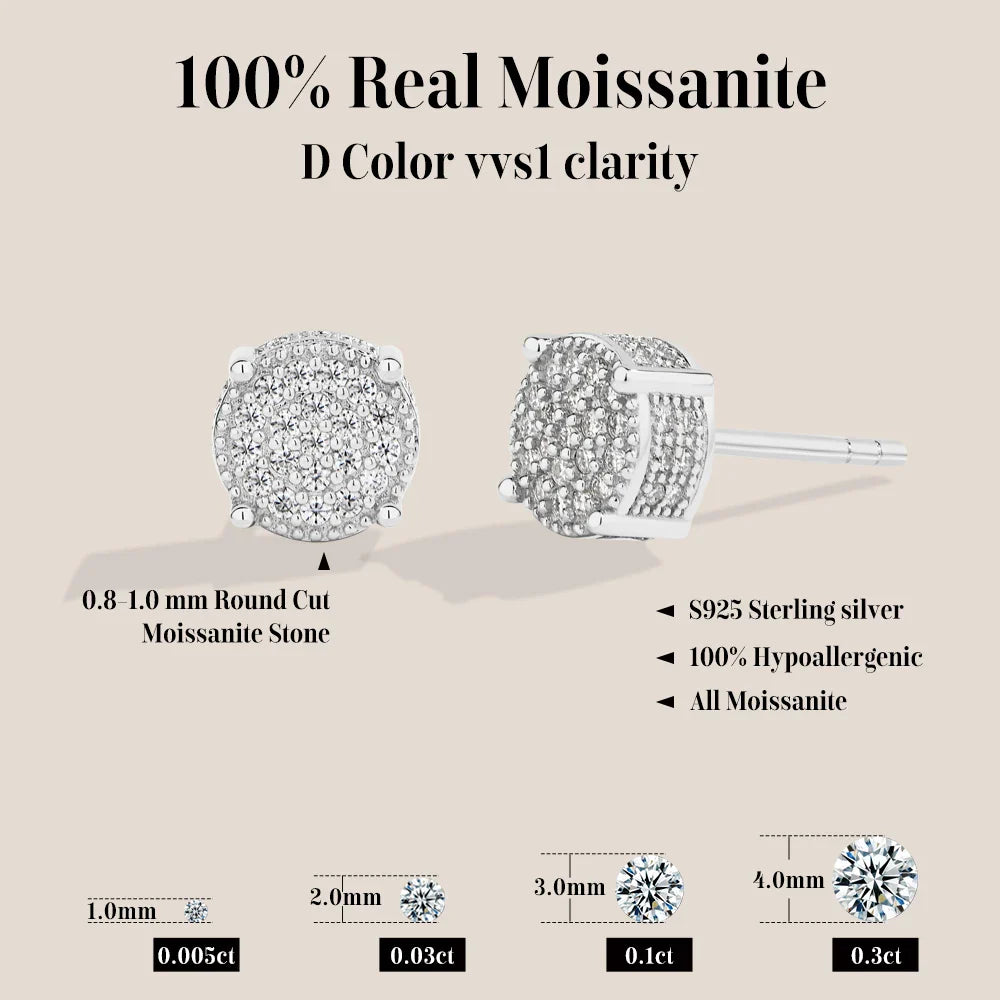 D VVS1 Round Full Moissanite Earrings for Women Men 925 Sterling Silver 18k Gold Shiny Hiphop Studs Party Gift Jewelry