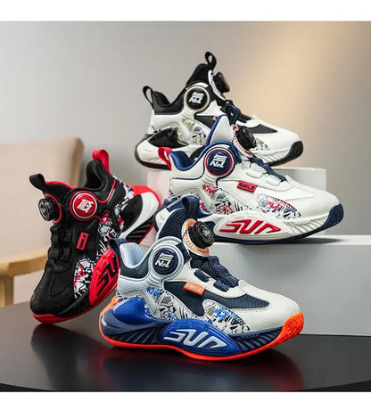 Leather Upper Children Basketball Shoes Rotatory Button Shock Absorbing Boys Shoes