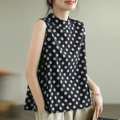 Women Dots Tank Tops 2024 Summer Sleeveless Camis Blouse Korean Fashion Round Neck Shirt Casual Loose Round Neck Tunics