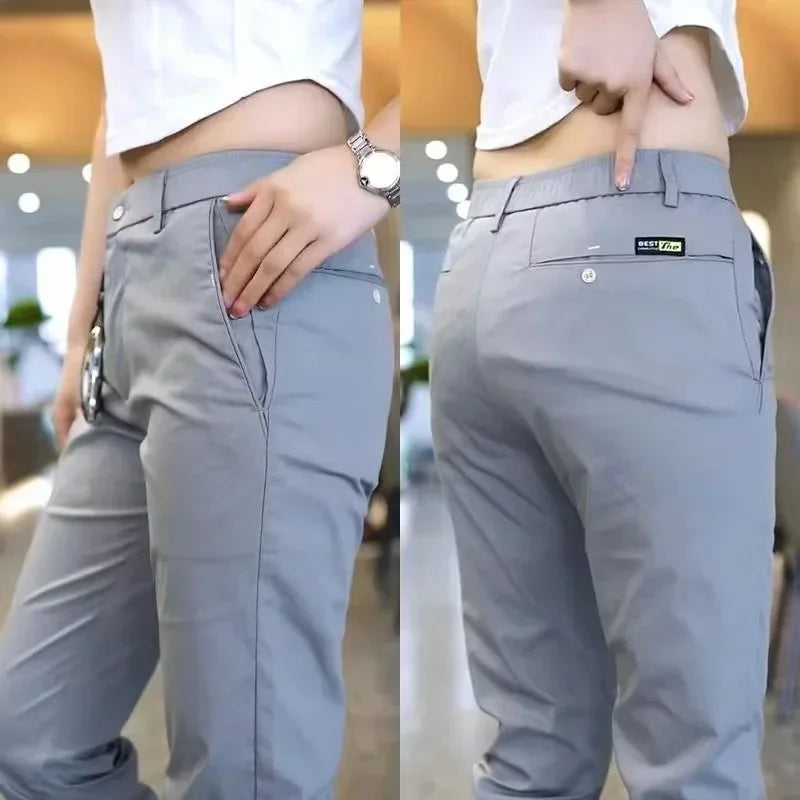 Summer Pants Ice Silk Men's Casual Simple Khaki Black Slim Straight Stretch Trousers Business Casual Male Clothing Pant