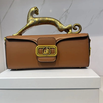 Square cowhide fashion personality versatile party shoulder bag with the same leopard handle bag high-end feeling women's bag.