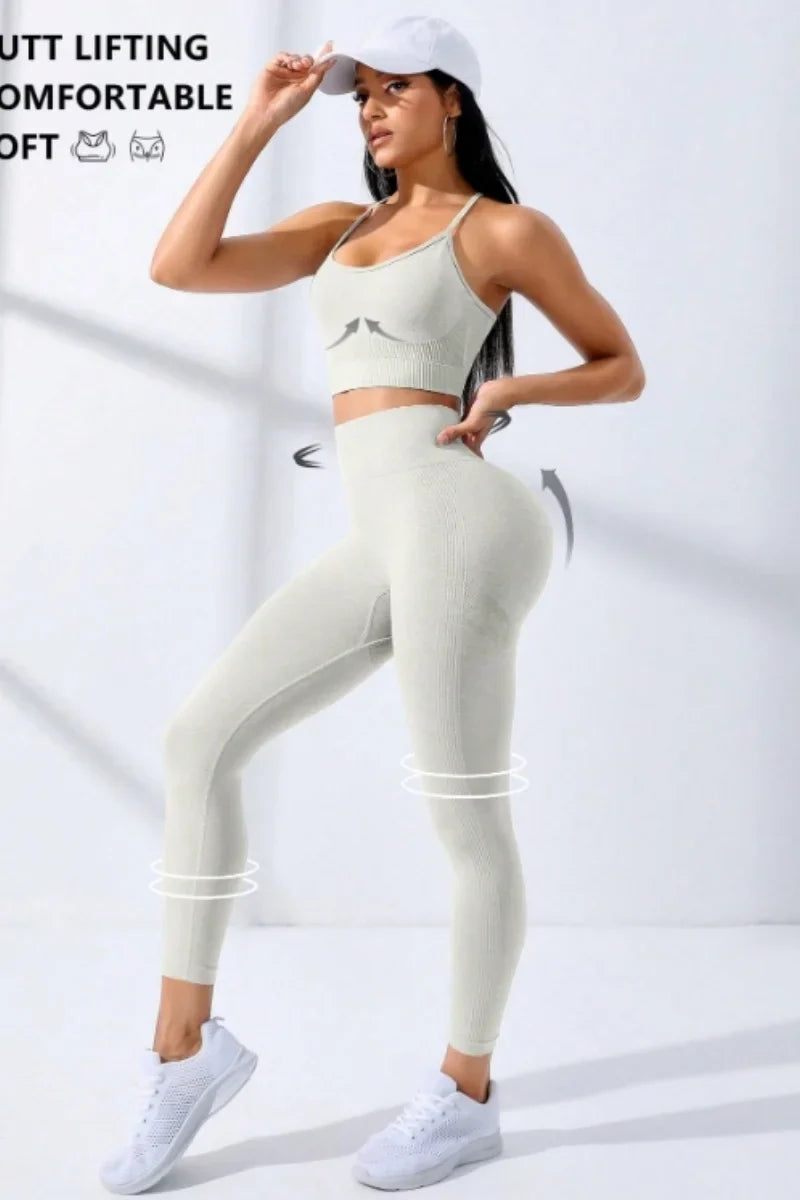 Women Yoga Set 2/Pcs Seamless Workout Outfits Yoga Sportswear Tracksuit Leggings And Thin Shoulder Strap Stretch Sports Bra Fitn