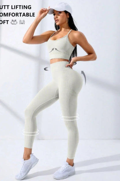 Women Yoga Set 2/Pcs Seamless Workout Outfits Yoga Sportswear Tracksuit Leggings And Thin Shoulder Strap Stretch Sports Bra Fitn