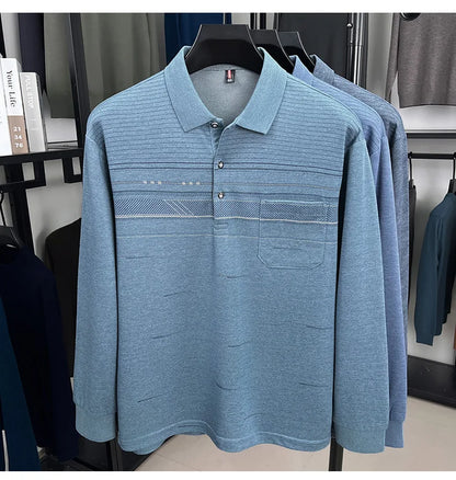 High quality striped printed long sleeve polo shirt men's fashion light luxury pocket autumn new business casual lapel T-shirt