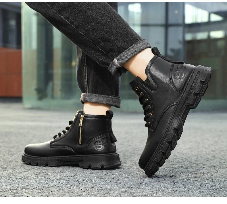 New MEN'S BOOTS with Retro Style Leather Boots, Thick Soles, Wear-resistant MEN'S High Top Casual Shoes, Side Zippers