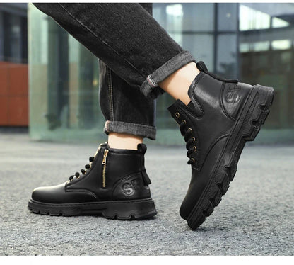 New MEN'S BOOTS with Retro Style Leather Boots, Thick Soles, Wear-resistant MEN'S High Top Casual Shoes, Side Zippers