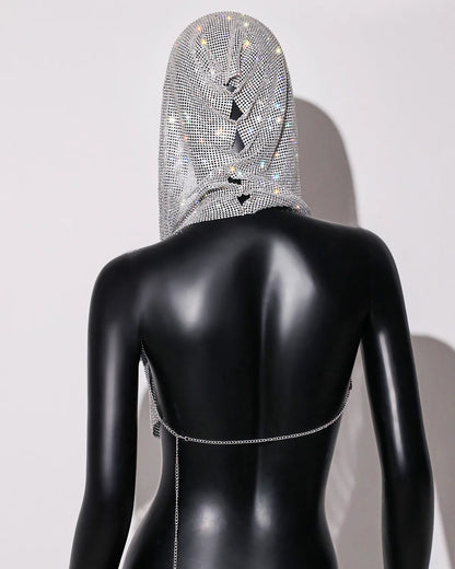 2025 Summer New Rhinestone Hooded Crop Top Sexy Deep V Neck Backless Sleeveless Glitter Tank Top Rave Nightclub Party Camisole