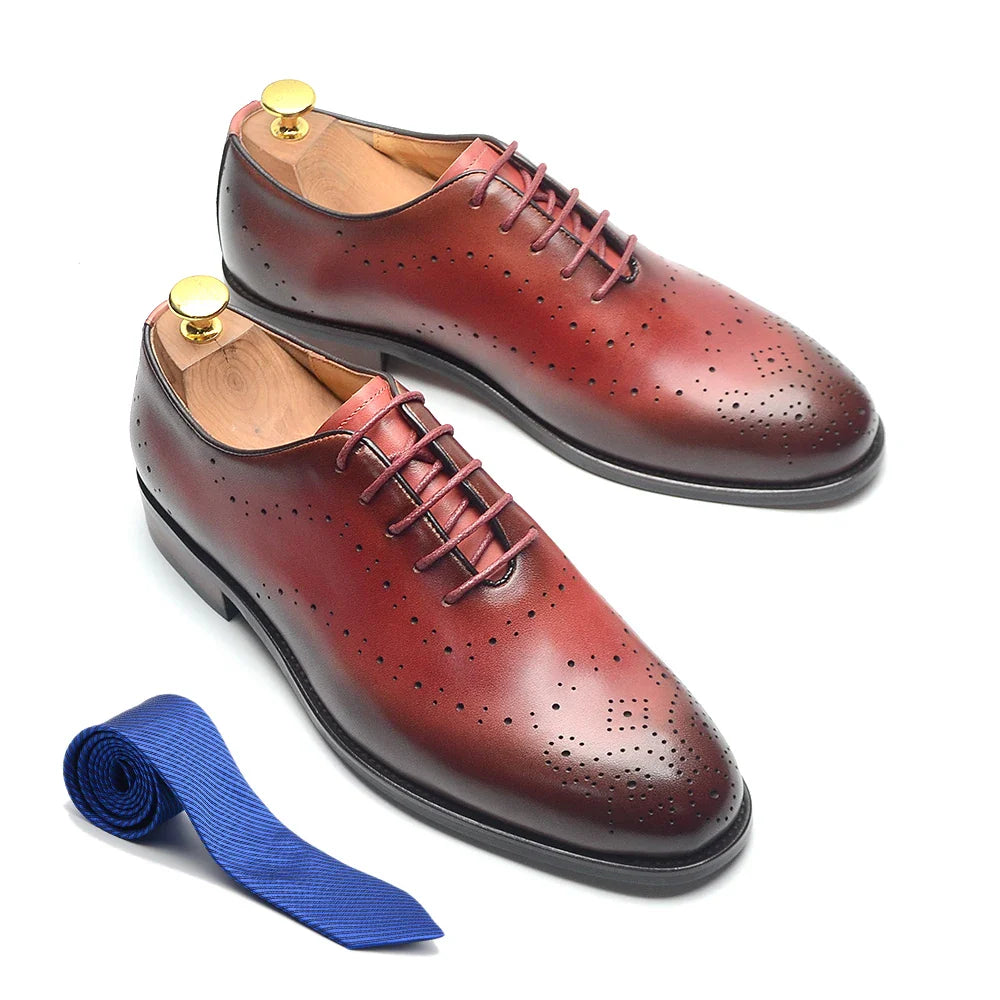 Luxury Genuine Leather Men's Dress Shoes Red/Black Wingtip Oxford Formal Lace-up Brogue Business Man Shoes for Social Wedding