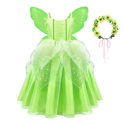 2024 Pixie Fairy Ball Gown Off Shoulder Suspenders Frock Tinker Cosplay Girls Delicate Fancy Princess Dress Toddler Elf Costume