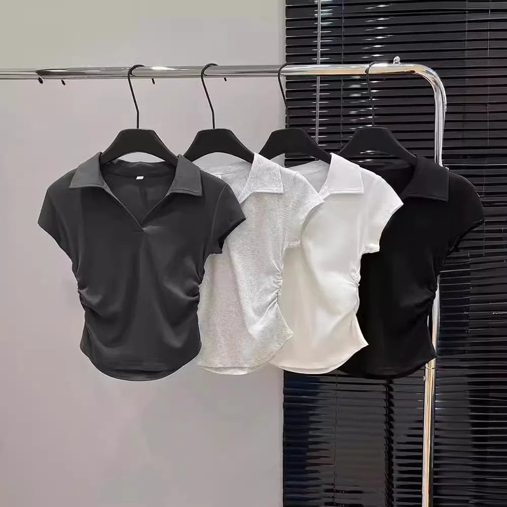 Camiseta Polo Feminina Curta Sexy de Verão em Algodão, Blusa Slim Básica Lisa de Manga Curta para Mulheres