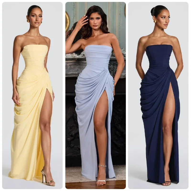 Women Sexy Solid Pleated Strapless Dress Lady Chic Off-shoulder Backless High Waist Split Dresses 2026 New Evening Party Gown