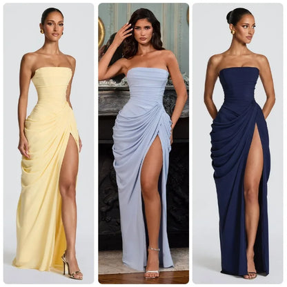 Women Sexy Solid Pleated Strapless Dress Lady Chic Off-shoulder Backless High Waist Split Dresses 2026 New Evening Party Gown