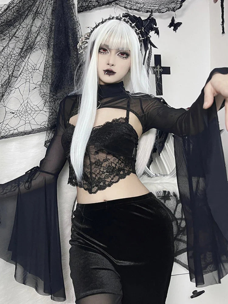 Black Mesh T-shirt Gothic Street Lace-up Punk Ring Flared Sleeves Eyelet Pullover Outer Harajuku Vintage Women Top