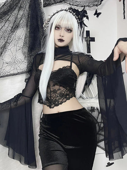 Black Mesh T-shirt Gothic Street Lace-up Punk Ring Flared Sleeves Eyelet Pullover Outer Harajuku Vintage Women Top