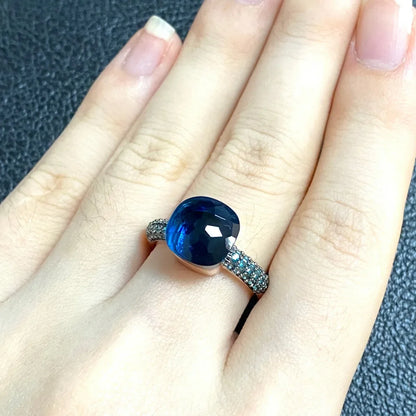 10.6mm Elegant Blue Topaz Zircon Ring Dual Tone Black Gun & Rose Gold 30 Colors Candy Crystal Jewelry Gift for Women