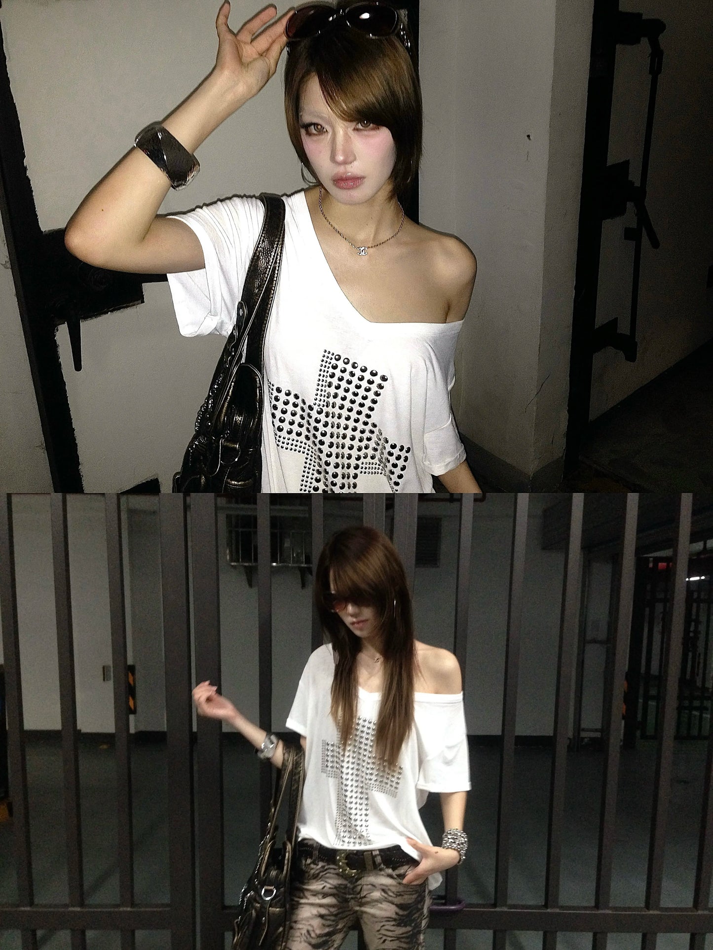 Camiseta Karrram Japonesa Y2k com Estampa de Cruz de Metal Blusas Transparentes Decote V Estilo Trashy Anos 2000 Vintage Harajuku Manga Curta Streetwear Grunge