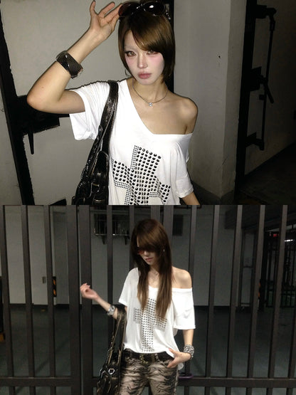 Camiseta Karrram Japonesa Y2k com Estampa de Cruz de Metal Blusas Transparentes Decote V Estilo Trashy Anos 2000 Vintage Harajuku Manga Curta Streetwear Grunge