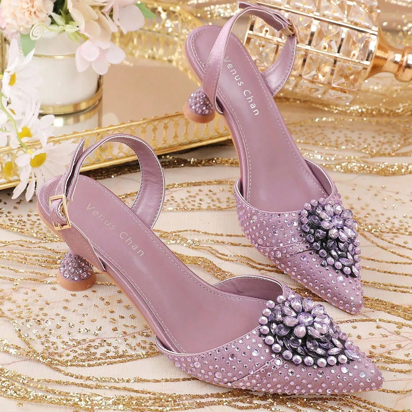 Chic Women's Wedding High Heels - Italian Rhinestone-Embellished Pointed-Toe Design for Elegant Events - Offered in Plus Sizes
