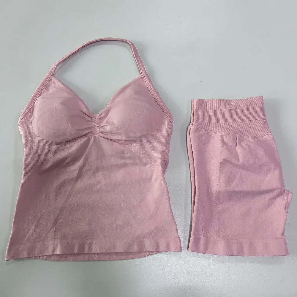 No Logo 2 Pieces Sports Set Workout Clothes Shorts Sets Gym Strappy Top Scrunch Shorts Yoga Clothing Gym Set