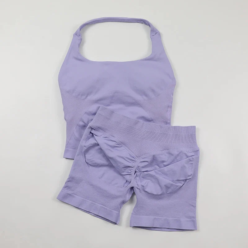 Seamless Yoga Set Womens Backless Halter Tank Top Ribbed Waist Gym Shorts 2 Piece Sets Women Outfit Workout Clothes
