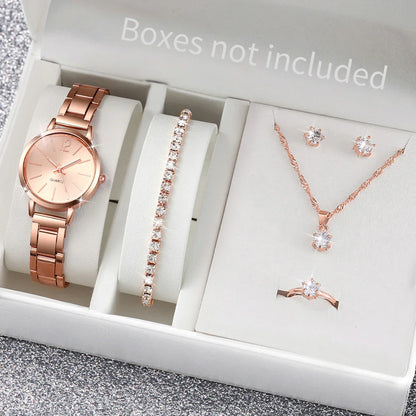5/6PCS Fashion Women Watches Jewelry Set Luxury Analog Quartz Watch for Women Reloj Mujer Girls Clock Gift（Without Box）