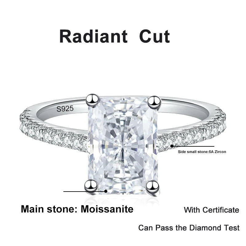 1CT 2CT Emerald Radiant Cut Moissanite Ring for Women Engagement Wedding Lab Diamond Sterling Silver 925 Rings Jewelry
