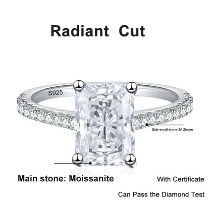 1CT 2CT Emerald Radiant Cut Moissanite Ring for Women Engagement Wedding Lab Diamond Sterling Silver 925 Rings Jewelry