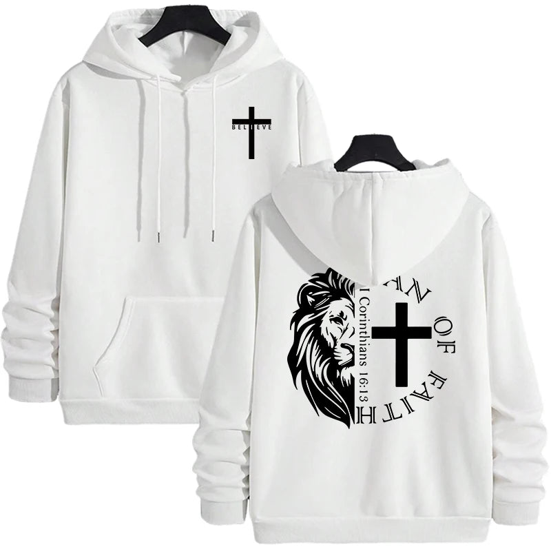 Hoodies 2026 Fall Winter Hooded Long Sleeve Sweatshirts Man Of Faith Lion Print Hoody Outerwear