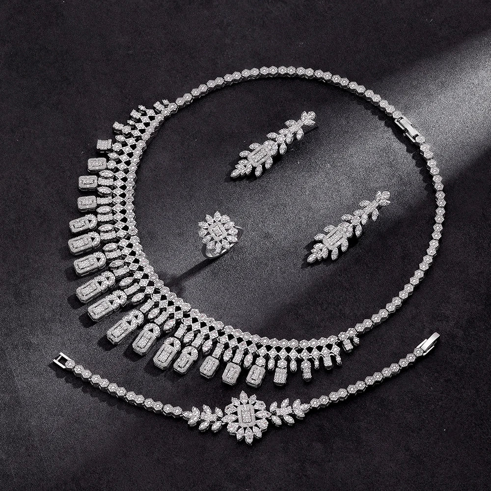 Luxury 4 Pieces Bridal Wedding Jewelry Set for Women Sparkling Cubic Zirconia Nigeria Bride Accessories