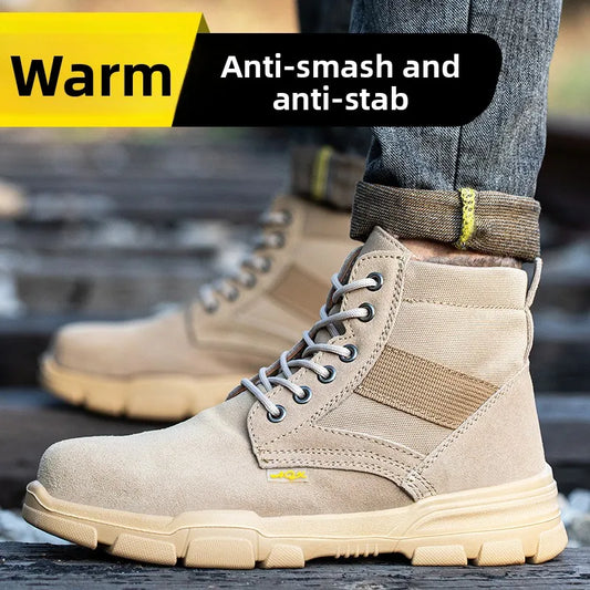 Men's Winter Wool Velvet Cotton Safety Work Shoes High Top Steel Toe Insulated Labor Protection Construction Shoes