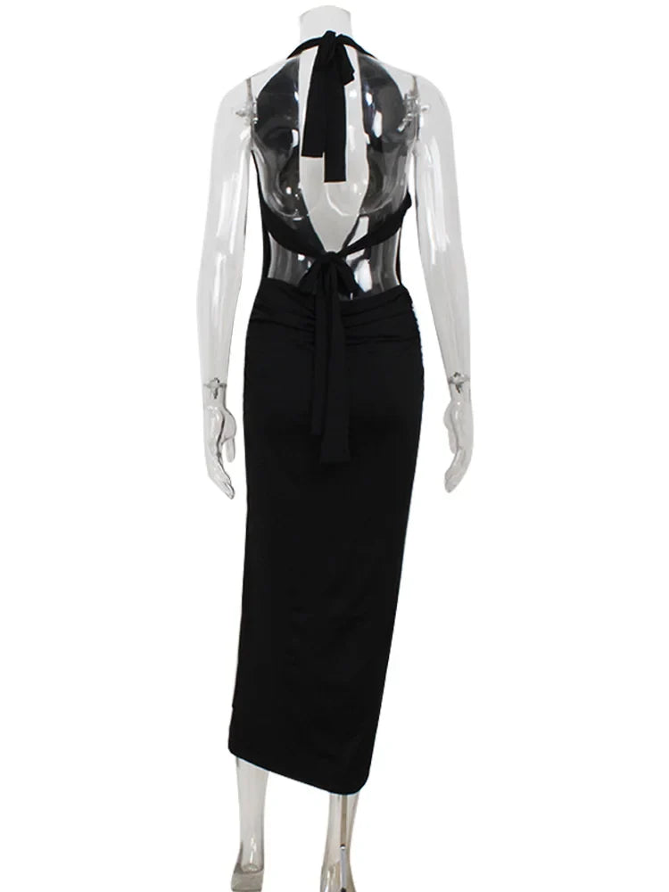 Fashion Halter Women's Maxi Dresses Solid Deep V-Neck Sleeveless Blackless Bandage Sheath Bodycon Party Vestidos Robes