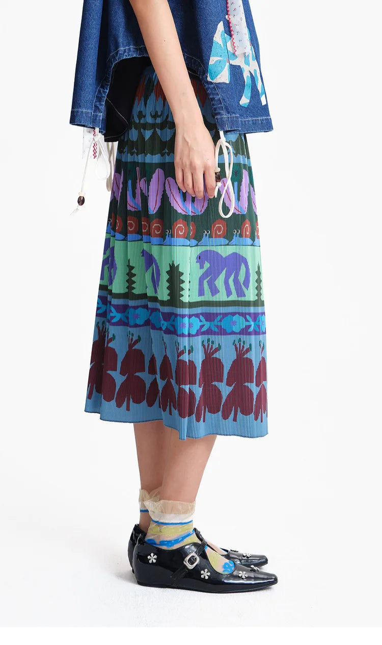 A-line Skirt 2026 Spring New Elastic Waist Colorful Floral Print Pleated Commuter Retro Style Skirt For Women 3ELC20607