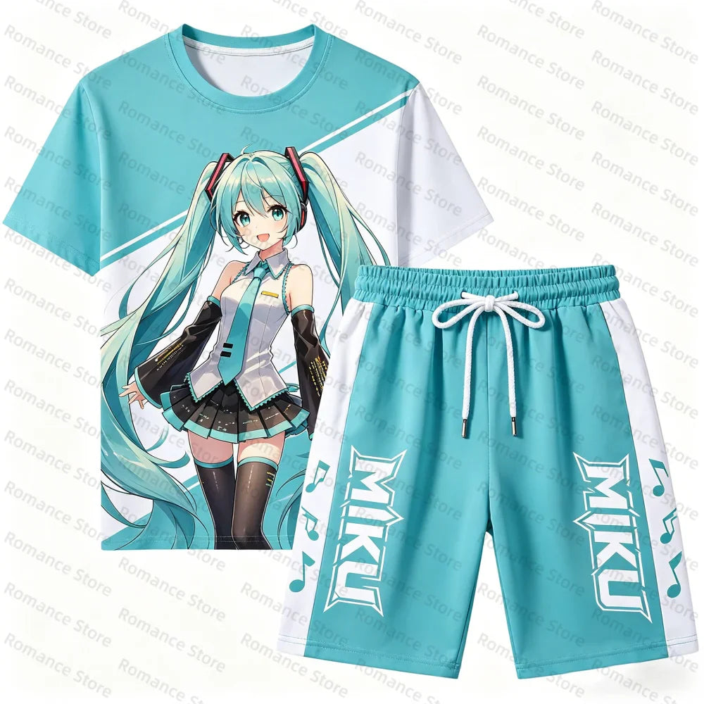 Hatsune M-Mi ku Anime 3D Print T-shirt Shorts Set Men Women t-shirt Short Set Summer Casual Streetwear Kids Cosplay Outfit 2Pcs