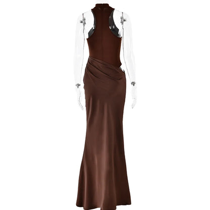 Satin Sexy Hollow Out Women Maxi Dress Black Sleeveless High Waist Dress Female Autumn Skinny Elegant Party Clubwear