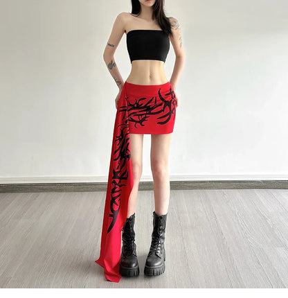 Y2K Millennium Graffiti High Waist Midi Skirt Women's Cool Unisex Asymmetrical Design Polyester Spandex Blend