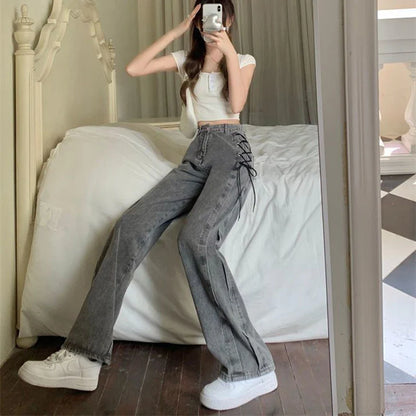 Women Vintage High Waist Straight Denim Pants