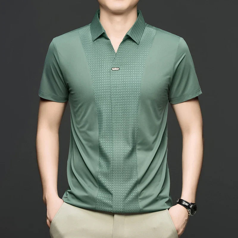 Personality jacquard splicing short sleeve Polo shirt men ice silk breathable high quality fashionable buttonless V-neck T-shirt