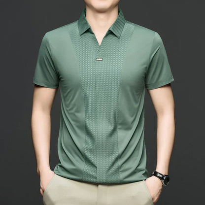 Personality jacquard splicing short sleeve Polo shirt men ice silk breathable high quality fashionable buttonless V-neck T-shirt