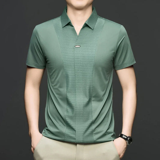 Personality jacquard splicing short sleeve Polo shirt men ice silk breathable high quality fashionable buttonless V-neck T-shirt