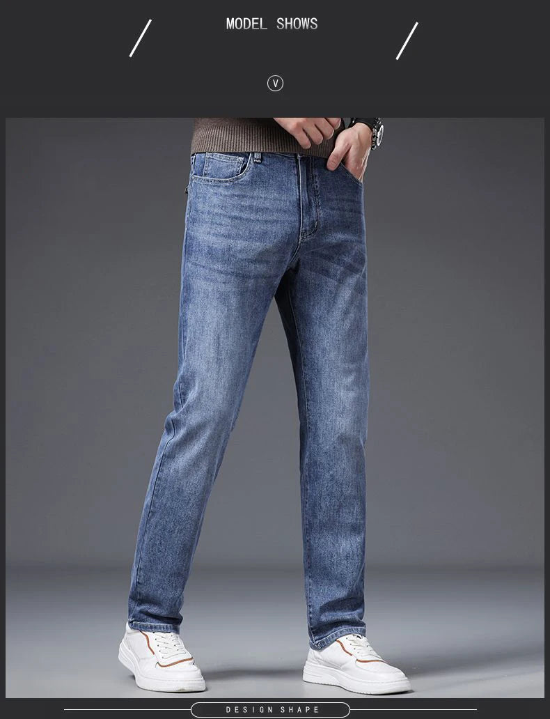 Calça Jeans Masculina Coreana Macia Elástica Slim Fit Negócios Casual Reta Jeans Clássica Marca Azul Lavado Cinza