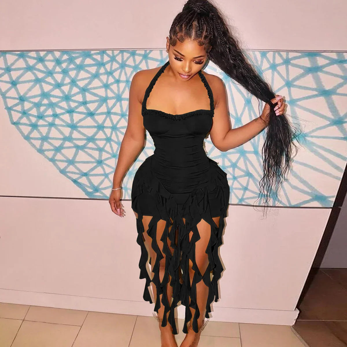 Elegant Halter Solid Ruffles Backless Taseel Sexy Slim Mini Dress Spring Women Cute Outfits Birthday Party Vacation