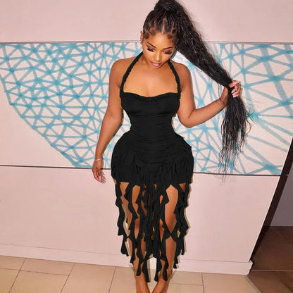 Elegant Halter Solid Ruffles Backless Taseel Sexy Slim Mini Dress Spring Women Cute Outfits Birthday Party Vacation