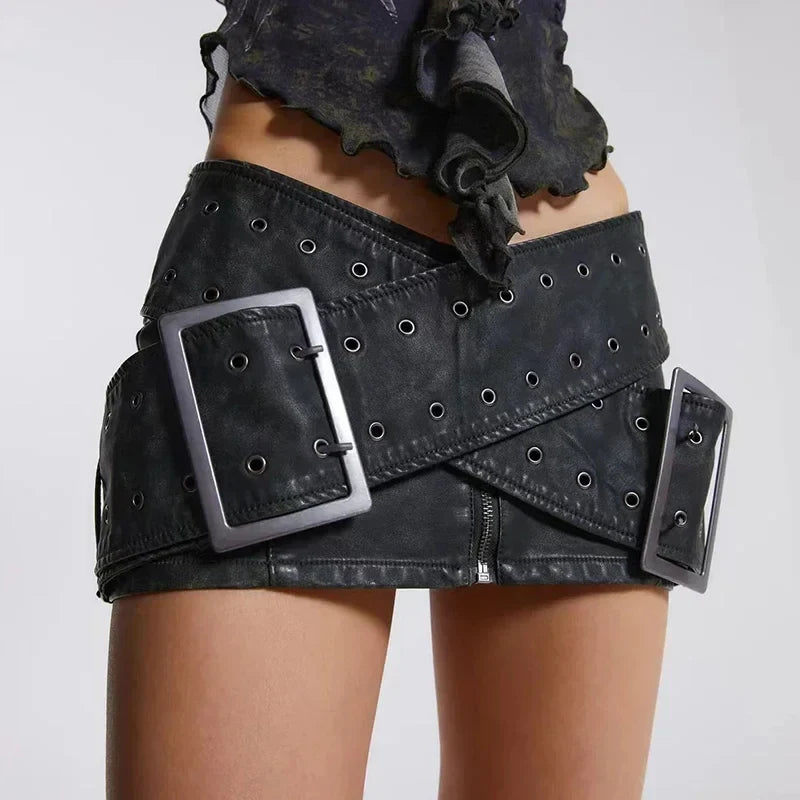 2026 Summer Casual Retro Style Sashes Y2k Fashion Leather Skirts Women's Vintage High Waist Slim Fit A-line Hotsweet Mini Skirt