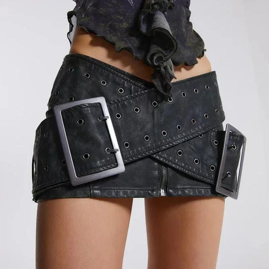 2026 Summer Casual Retro Style Sashes Y2k Fashion Leather Skirts Women's Vintage High Waist Slim Fit A-line Hotsweet Mini Skirt