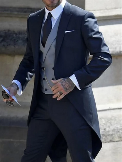 3 Pieces Italian Gentleman Style Wedding Man Long Tail Coat Groom Prom Tuxedos Formal Mens Suits (Jacket +Pants +Vest)
