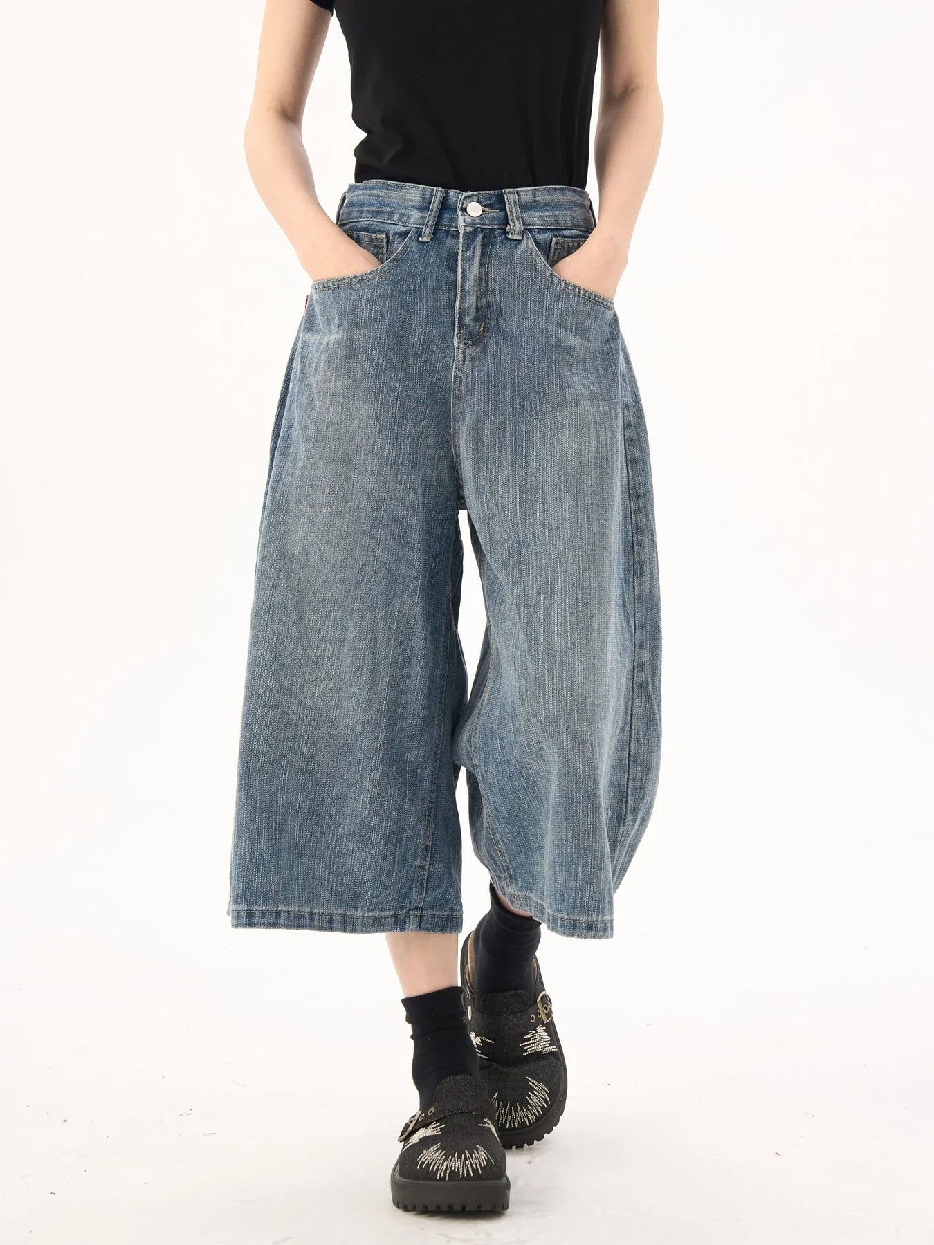 Retro Back Flap Pocket Pants Plaid Splicing Denim Shorts for Women