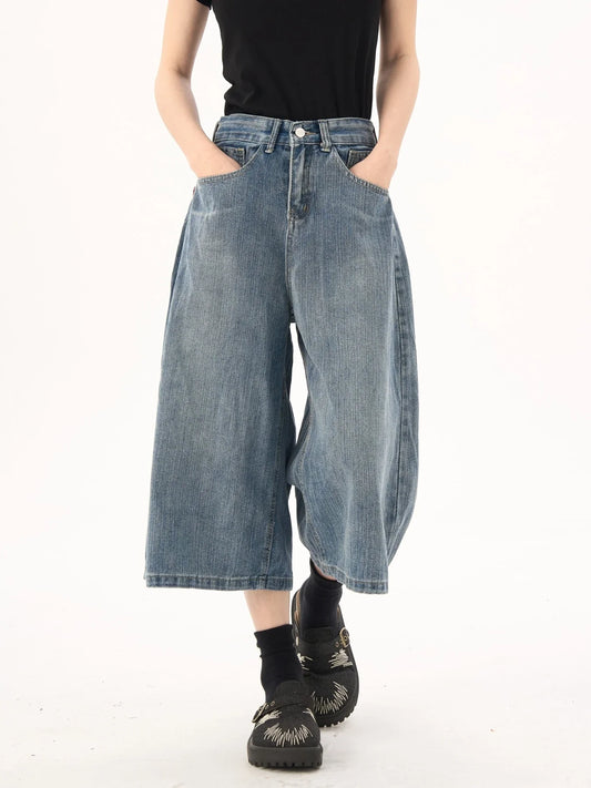 Retro Back Flap Pocket Pants Plaid Splicing Denim Shorts for Women